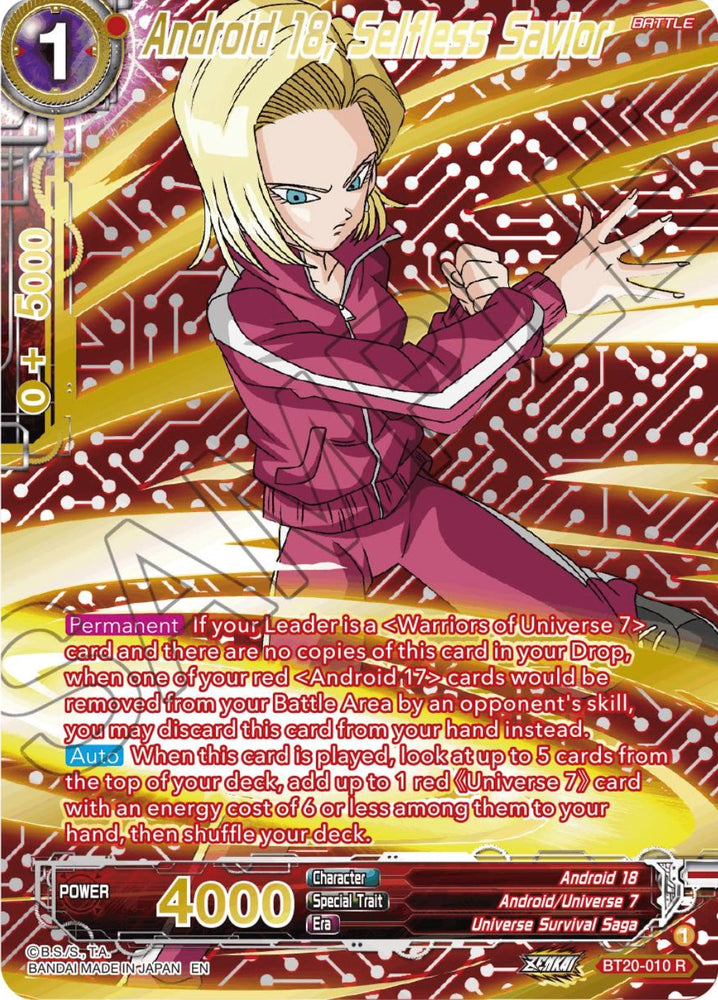 Android 18, Selfless Savior (Gold-Stamped) (BT20-010) [Power Absorbed]